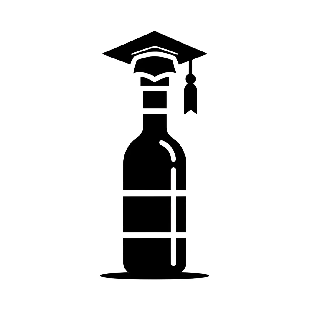 DALL·E 2024-02-14 10.51.49 - Create a black and white icon featuring a wine bottle with a graduation cap placed on top. The bottle should have a classic, elegant shape with a slen